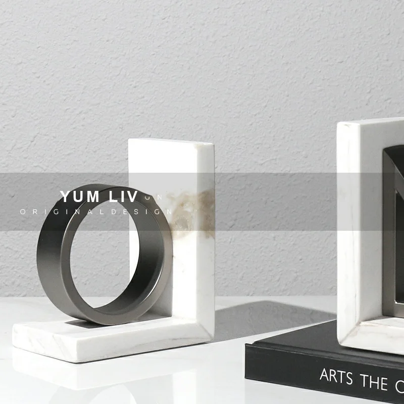 Modern Marble Books Rely On Metal Splicing Geometric Bookends Study Room Office Desktop Decoration Furnishings Soft Ornaments