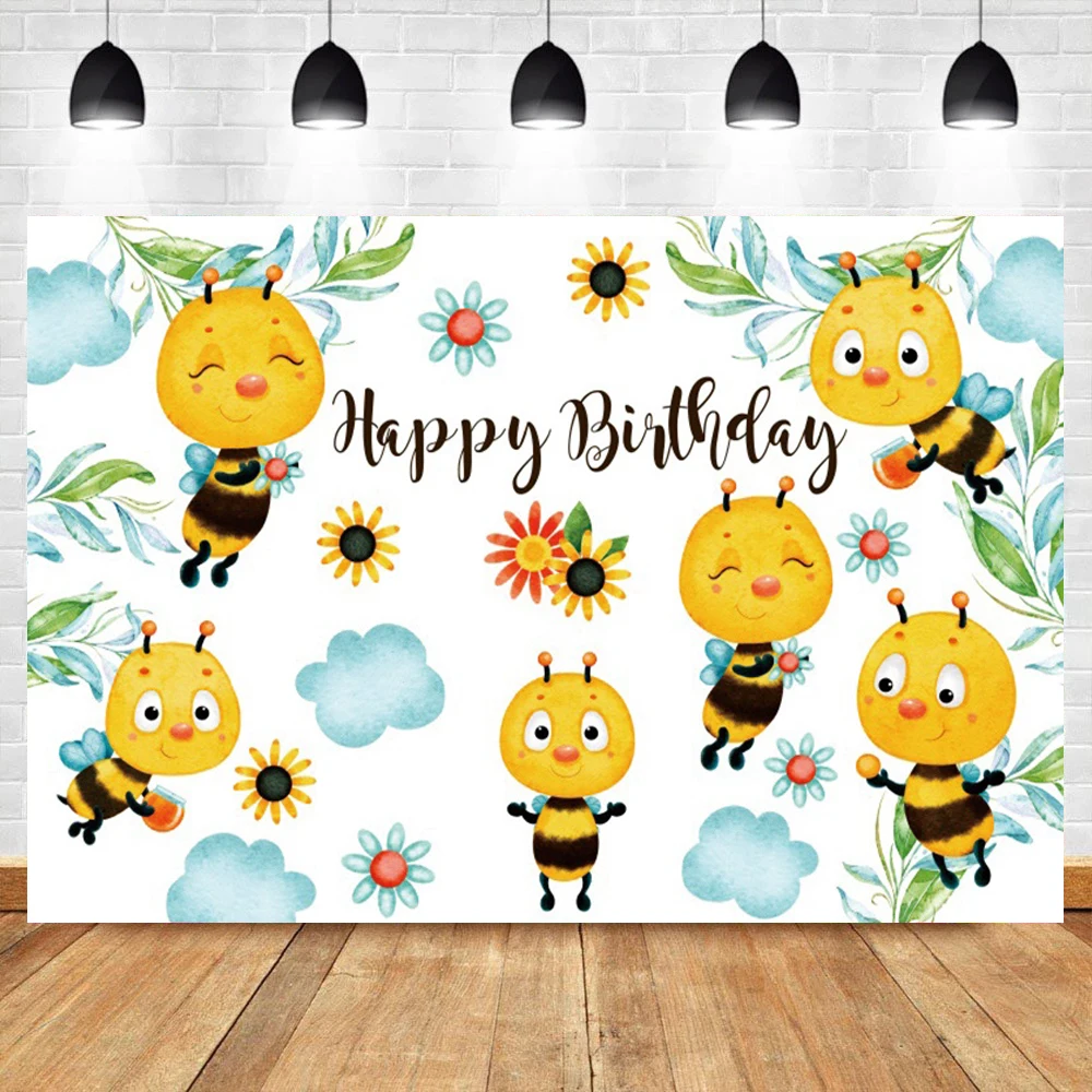 Laeacco Baby Cartoon Bee Green Grass Sunflower Dreamy Party Decor Photo Backgrounds Photography Backdrop Birthday Photo Studio