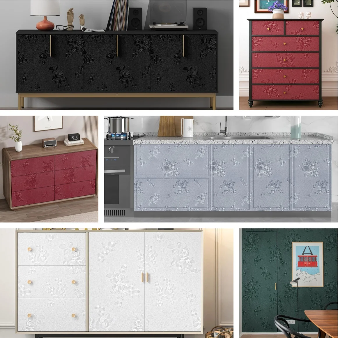 Rose Flower Pattern Contact Paper Waterproof Movable Wallpaper Living Room Bedroom Furniture Easy To Install DIY Wall Decoration