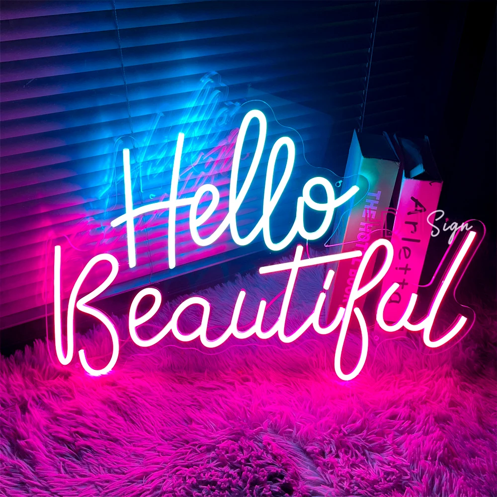 LED Neon Sign Hello Beautiful Neon Light Beauty Gaming Room Decor Wall Good Vibes Neon LED Sign Wedding Birthday Party Bar LED