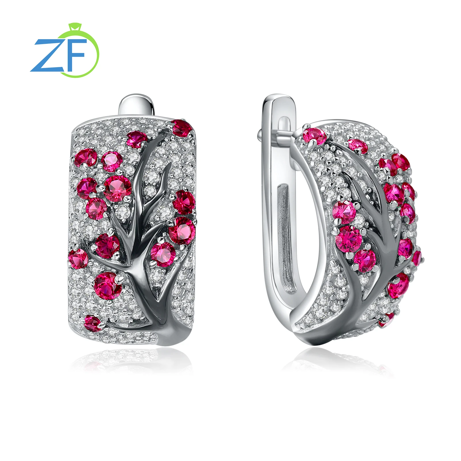 

GZ ZONGFA 925 Sterling Silver Created Ruby Cherry Tree Clip Earrings for Women Cocktail Party Necklace Fine Jewelry