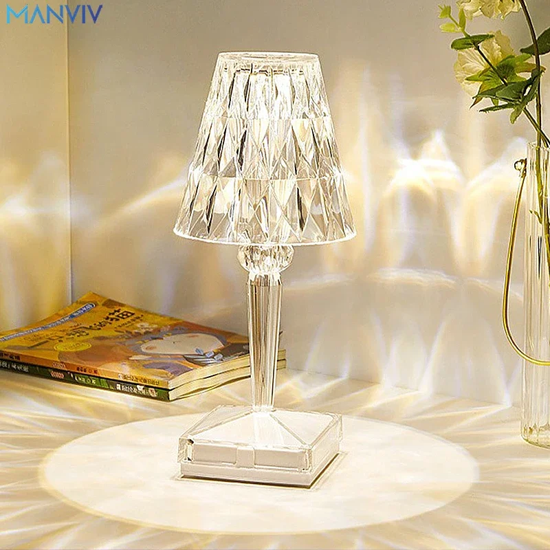 MANVIV-lámpara de mesa de diamante con Control táctil, lámparas de escritorio de cristal USB, luz de ambiente romántico para regalo de fiesta, luz nocturna