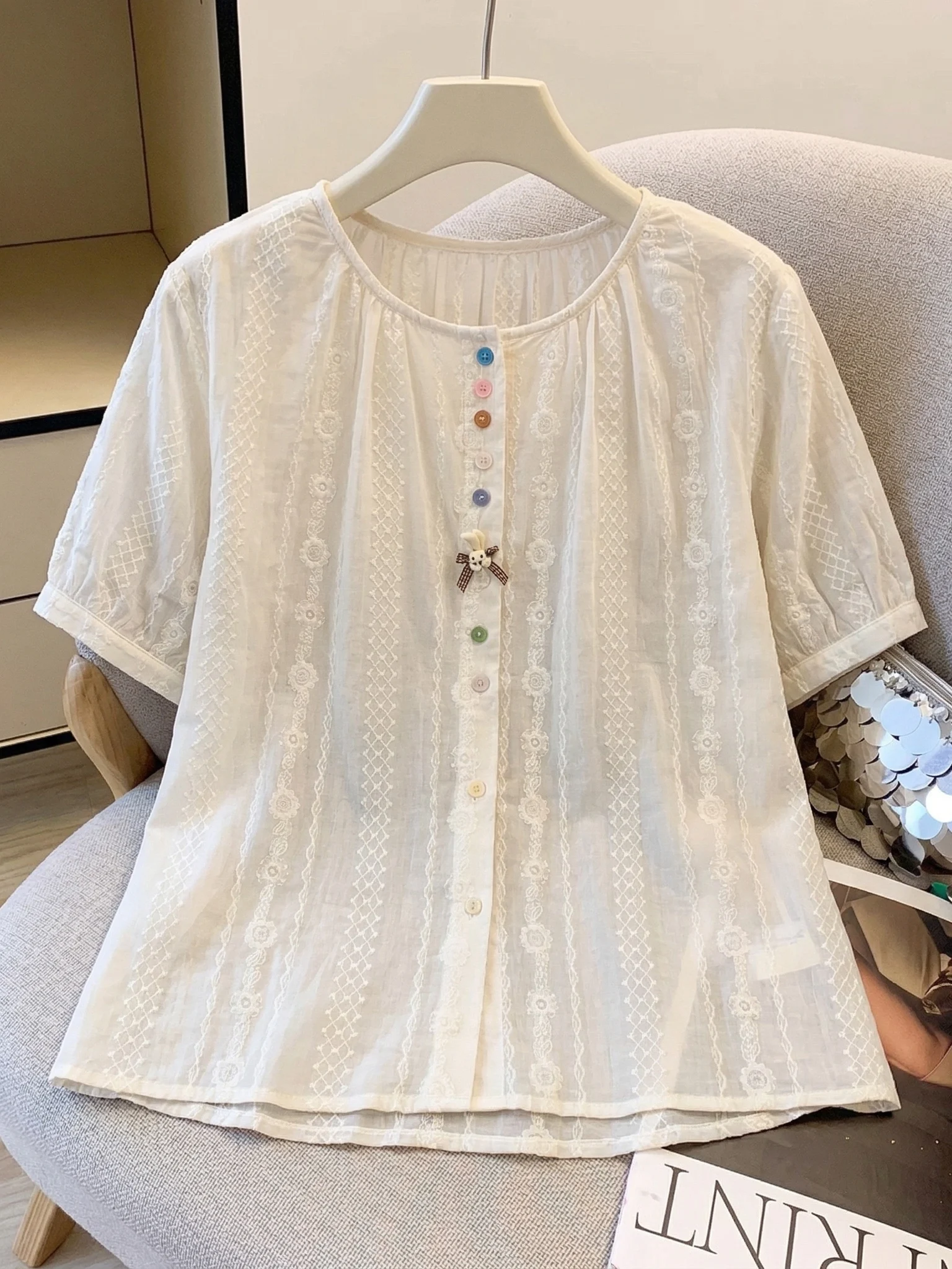 

Lace Embroidery Short Sleeve Shirt Women's Summer New Style plus Size Doll Shirt Super Beautiful Top Korean Style Loose Fit