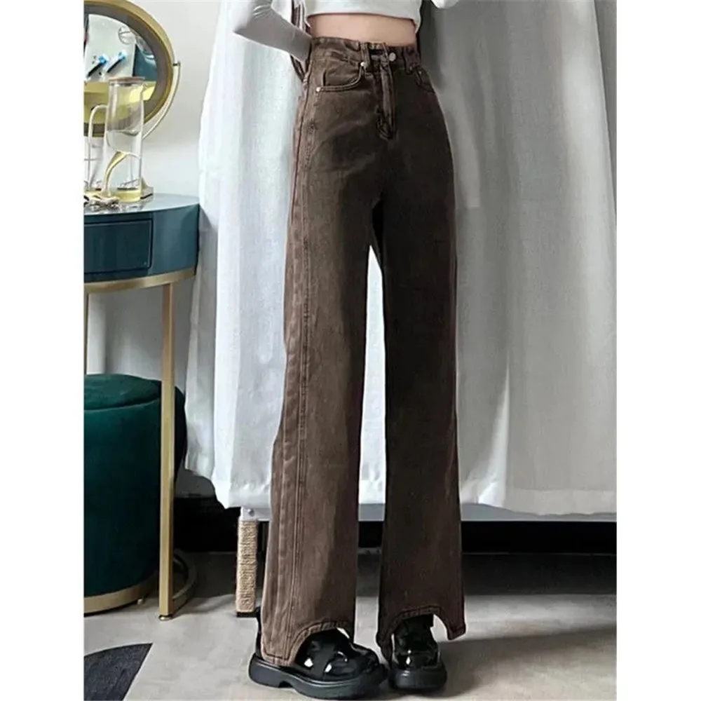 

Retro Women Jeans Y2k Brown Wide Leg Pants Irregular Baggy 90s Women'S Solid High Waist Street Style Trousers Comfortable Jeans