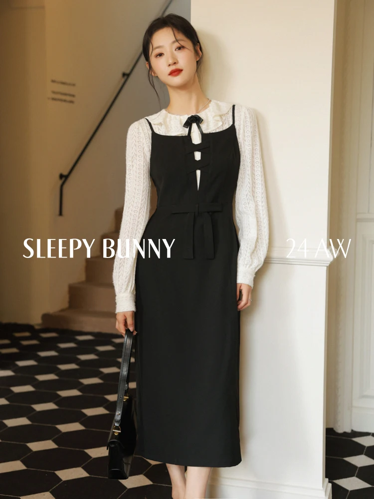 

Vintage Hollow Out Layered Slip Dress Women Elegant Bow Tie Strappy A-Line Long Dress Slim High Waist Sleeveless Outfit Date