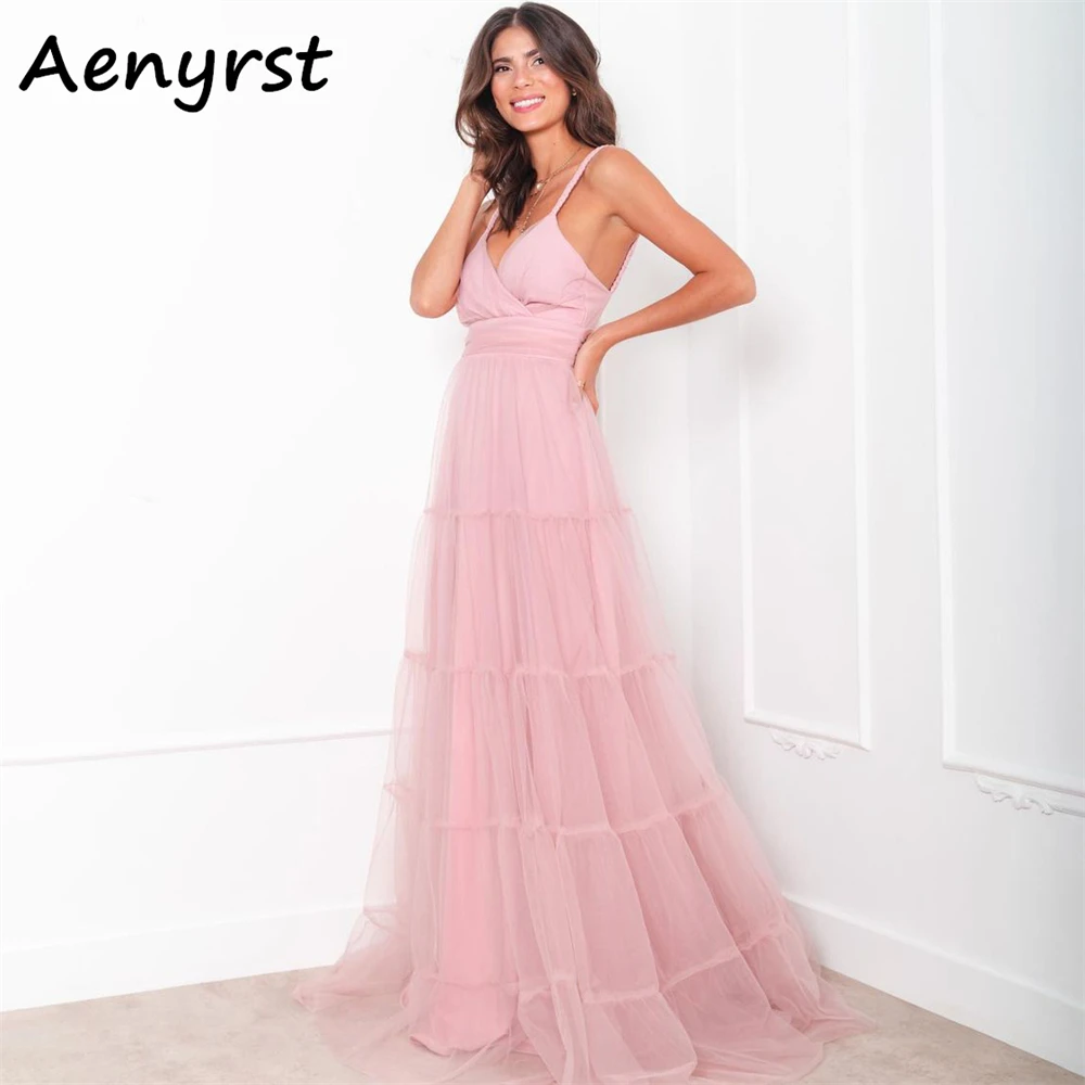 Aenyrst Simple Pink V Neck Spaghetti Strap Cocktail Dresses Tulle A Line Backless Evening Gowns Floor Length Dinner Party Dress