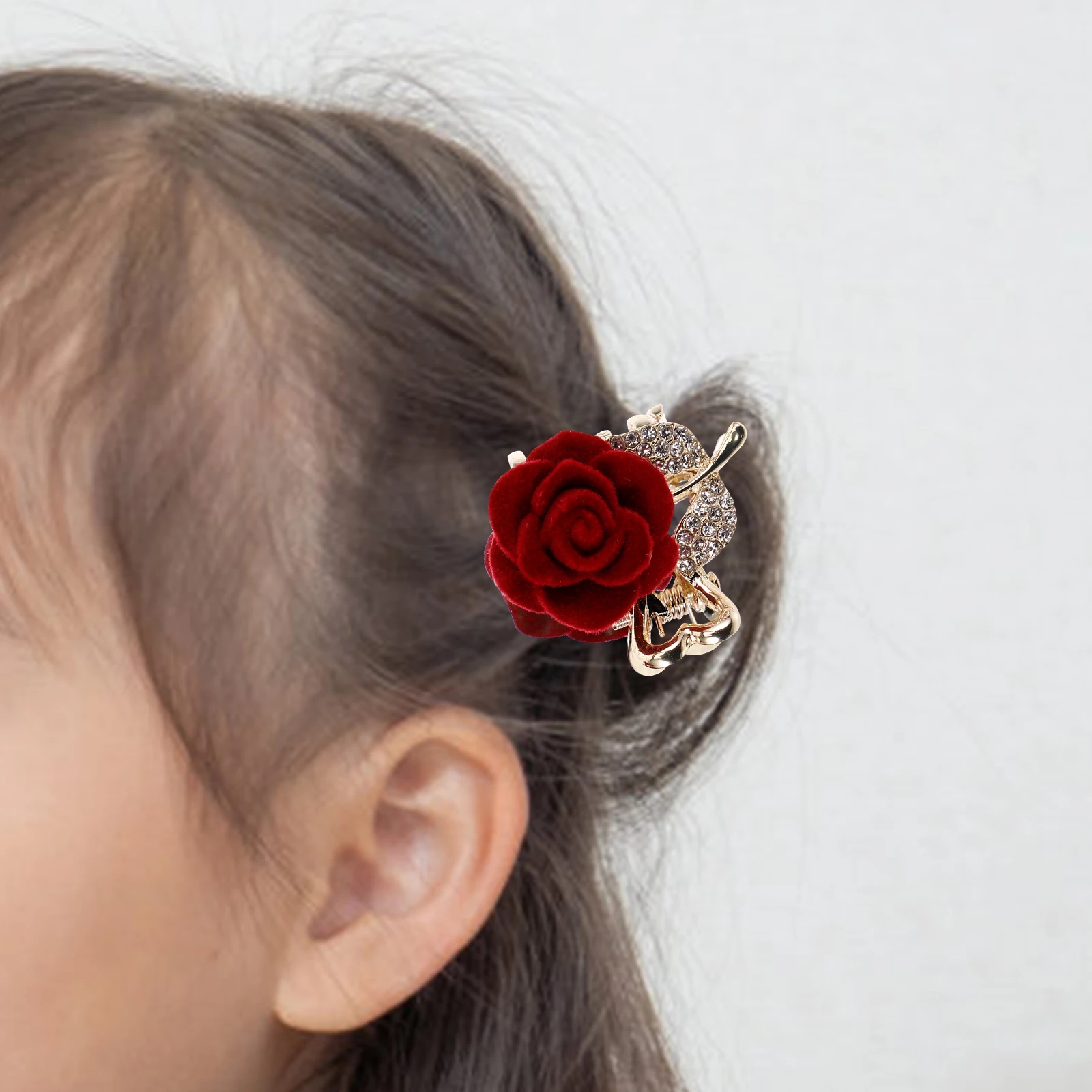 

2pcs Vintage Hair Clips Small Rose Flower Shark Claw for Women Red Flocking Rhinestone Styling Thick Thin Hair