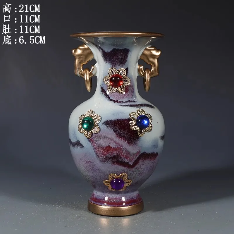 

Overseas-returned Song Dynasty Jun Kiln porcelain vase with gold tracing and gem inlays on double ears #2