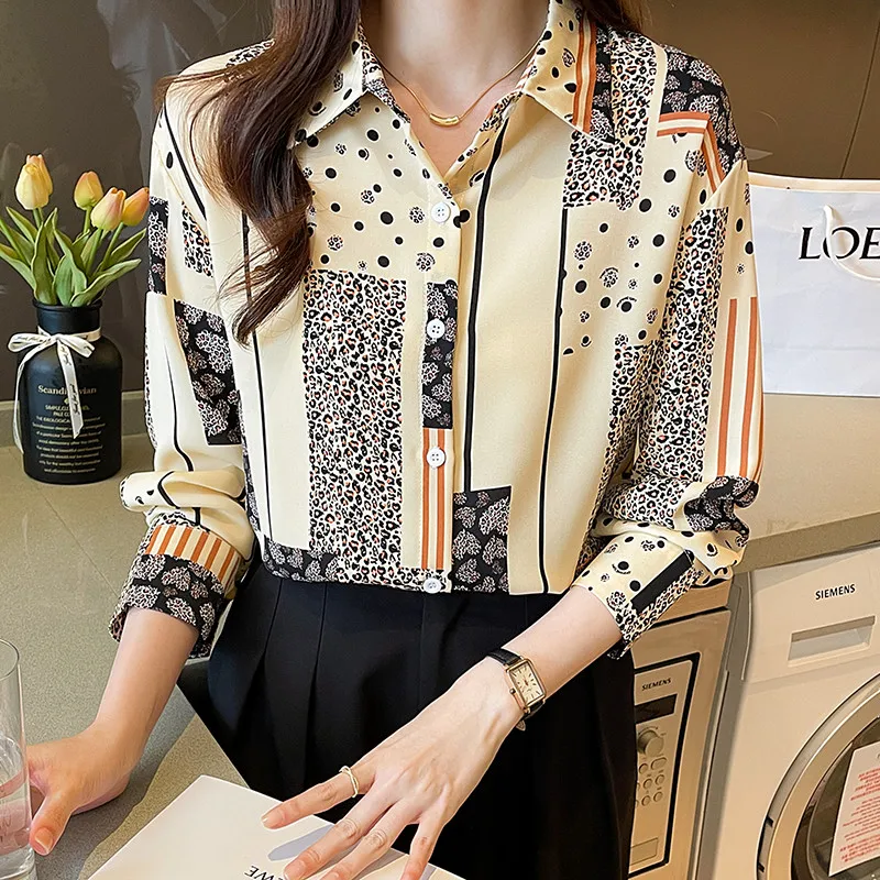 Koreanische Mode Neue Stil Dame Büro Casual Leopard Print Shirt Langarm Bluse Top für Frauen Kleidung