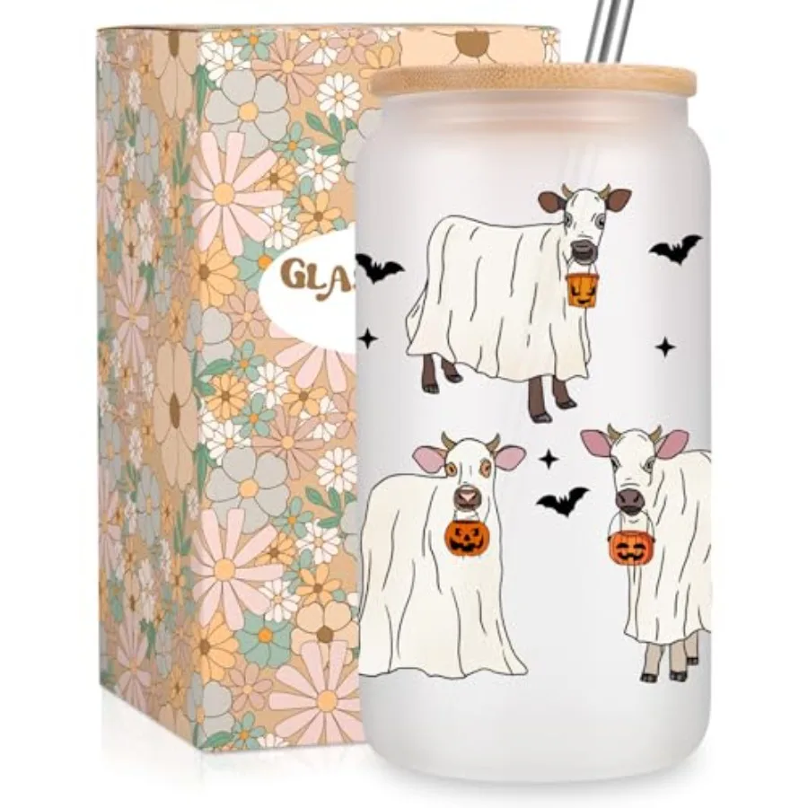 

Ghost Cow Cute Cups Halloween Glass Tumbler 16 oz Spooky Cows Pumpkin Frosted Iced Coffee Cup w/Straw Lid Boo Basket Stuffers f