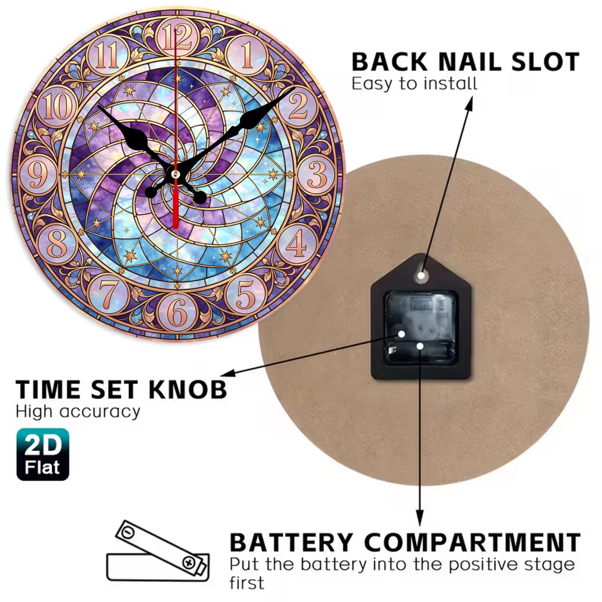 Purple Stained Glass Cosmic Spiral Wooden Wall Clock, 10/12 Inch Round Wood Clock, Silent Non Ticking Quartz Movement, Art Nouveau Blue Celestial Printed Home Decor