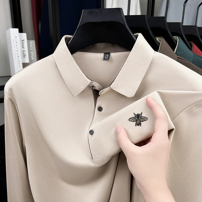 Nueva Camiseta Polo para Hombre con Bordado Original, Camiseta de Manga Larga con Cuello Solapa, Color Sólido, Moda, Calidad de Lujo, Ropa de Negocios para Hombre