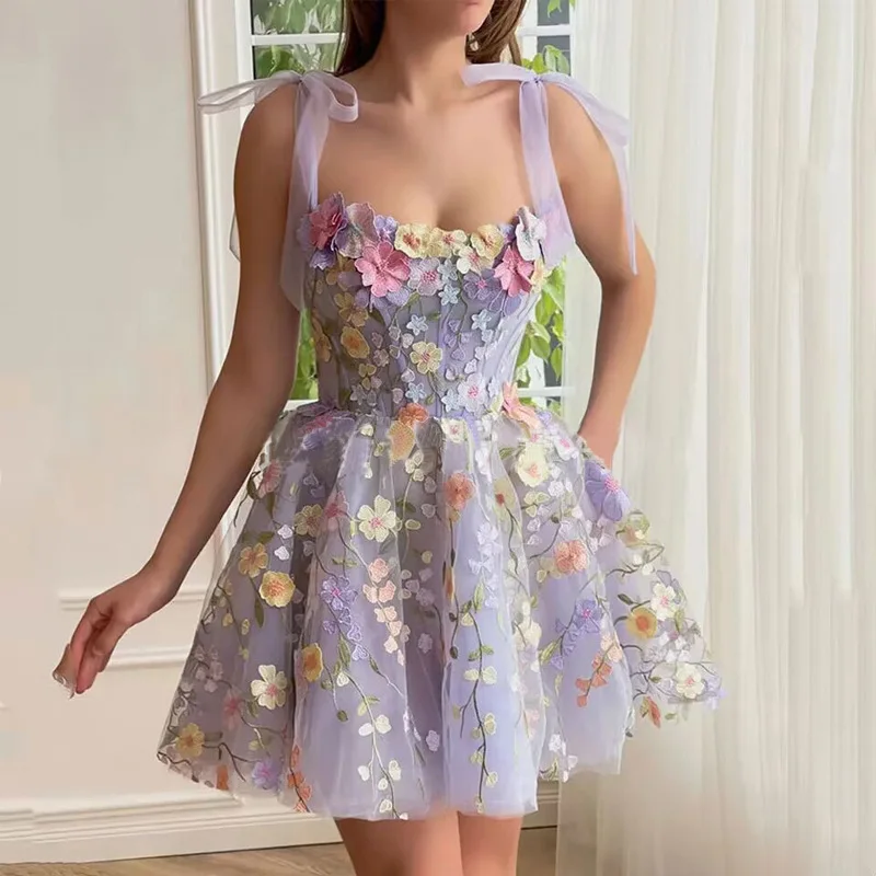 

Elegant Women's Summer Mini Dress Sexy 3D Flower Mesh Embroidery Wrapped Sundress Holiday Sleeveless Lace Prom Maxi Dresses