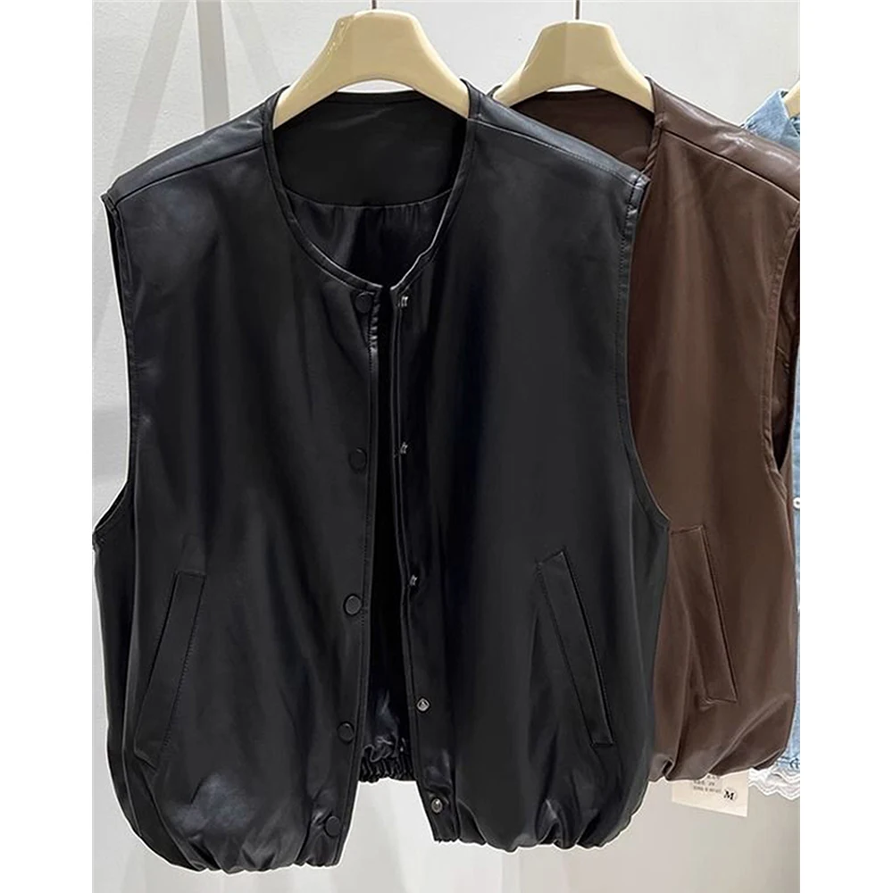 

Women's Sleeveless Leather Vest Jackets Button Front Pocket Ruched Hem Brown Black Waistcoat Spring Autumn Fashion Outerwear