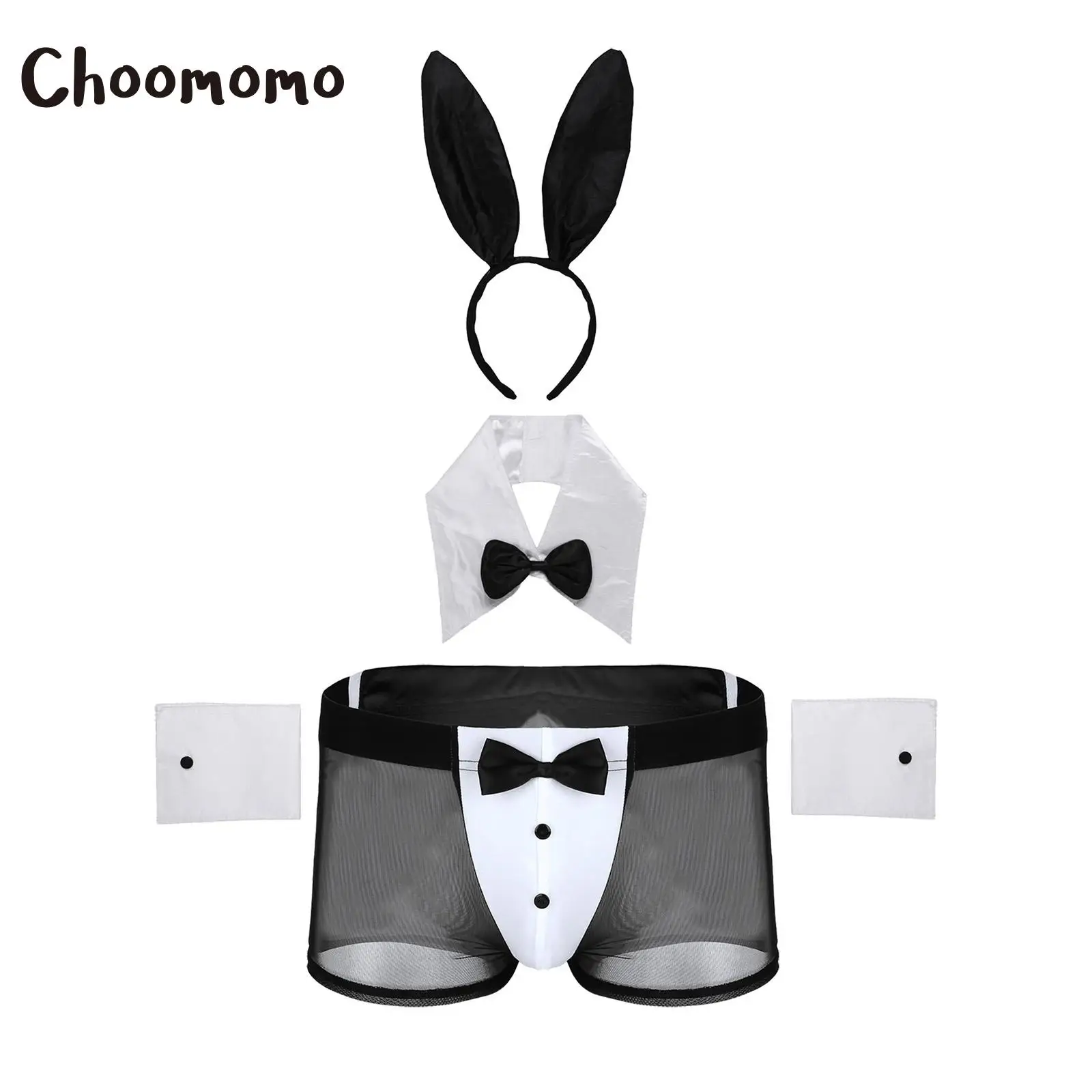 

Mens Waiter Cosplay Lingerie Set Bunny Cosplay Costume Tuxedo See Through Boxer Briefs with Bunny Ears Headband Collar Cuffs Set