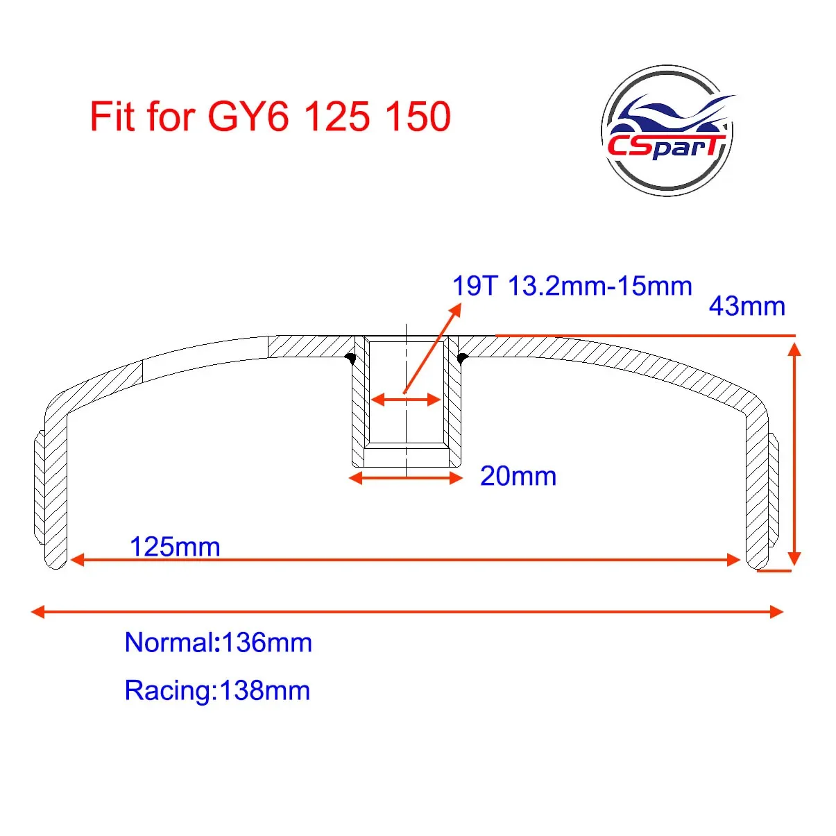 Bel kopling balap 125MM 19T GY6 125CC 150CC 152QMI 157QMJ Sunl Taotao Kazuma ATV suku cadang skuter Buggy