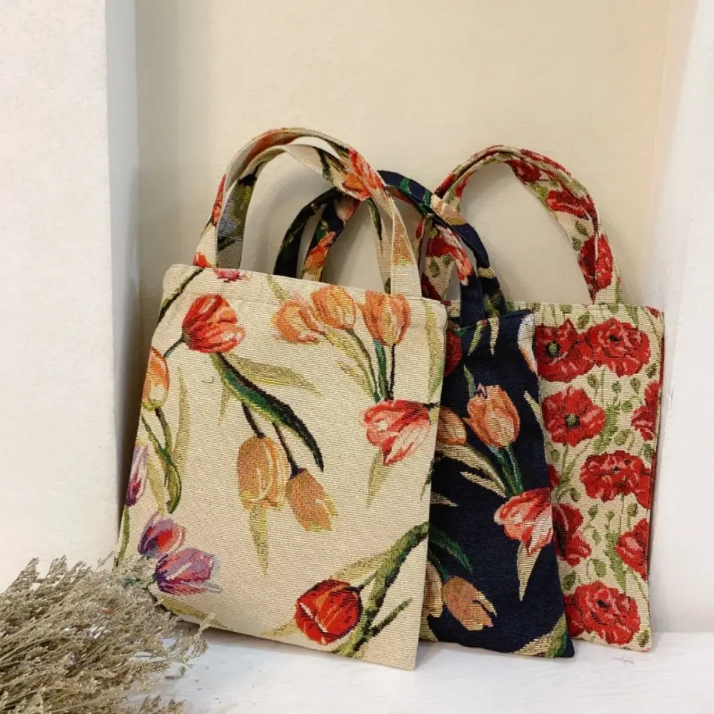 Vintage Flower Clutch Purse Tulip Flower Printed Handle Vintage Shoulder Bags Household Portable Retro Flower Handbag Holiday