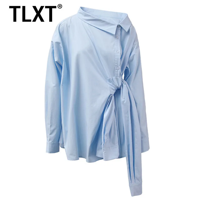 

TLXT модная синяя асимметричная блузка с открытыми плечами и завязками на рукавах, женская модная шикарная повседневная рубашка весна-лето 2025 года XK1379