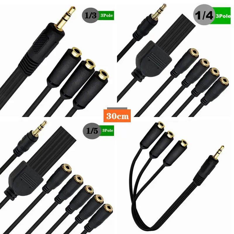 Audio Cable 3.5mm One Point 3/4/5 Extension Cable 3 Pole 3 Section DC3.5 Male Stereo To 3/4/5 DC3.5 Female Stereo 30cm