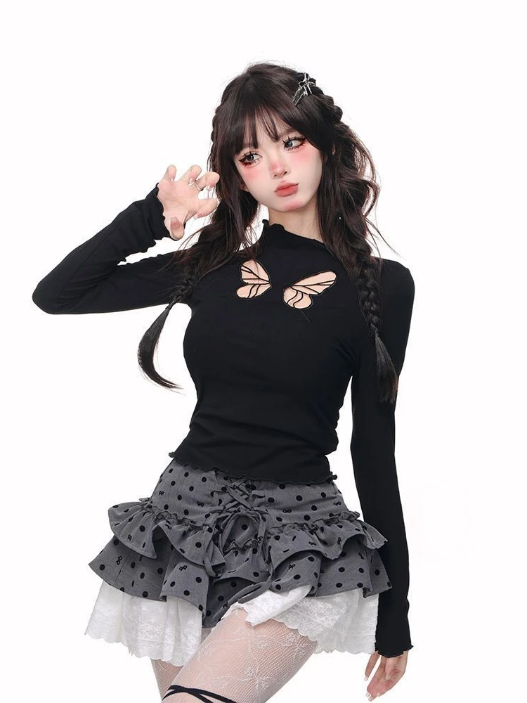 

QWEEK Coquette Y2k Sexy T Shirt Women Korean Style Hollow Out Butterfly Slim Skinnt Tees Kpop Long Sleeve Top 2024 Spring Autumn