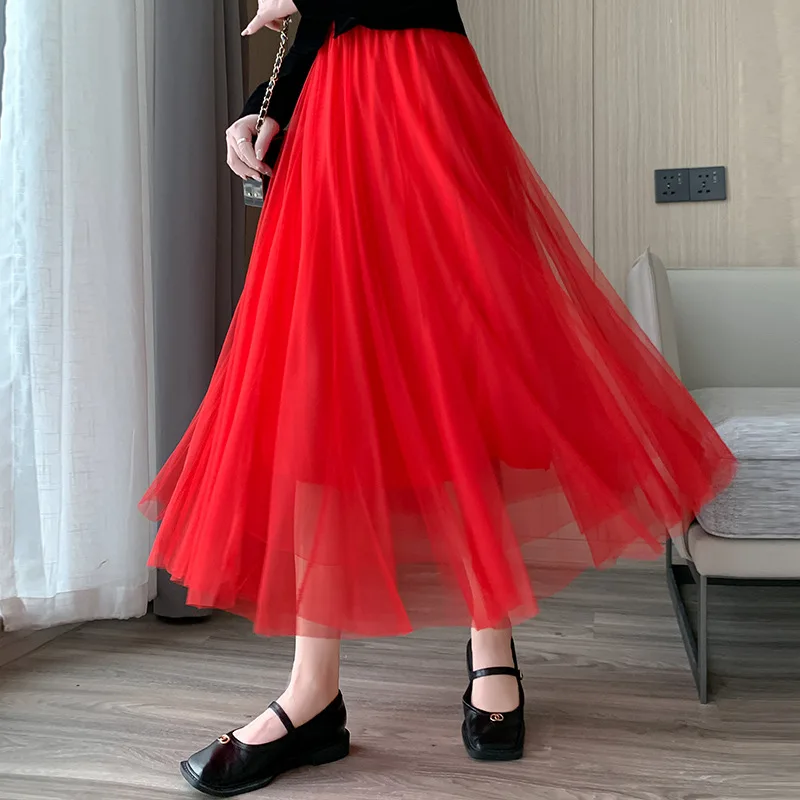 Spring Summer Vintage Tulle Skirt Women Elastic High Waist Mesh Skirts Long Pleated Tutu Skirt Female Jupe Longue 5731