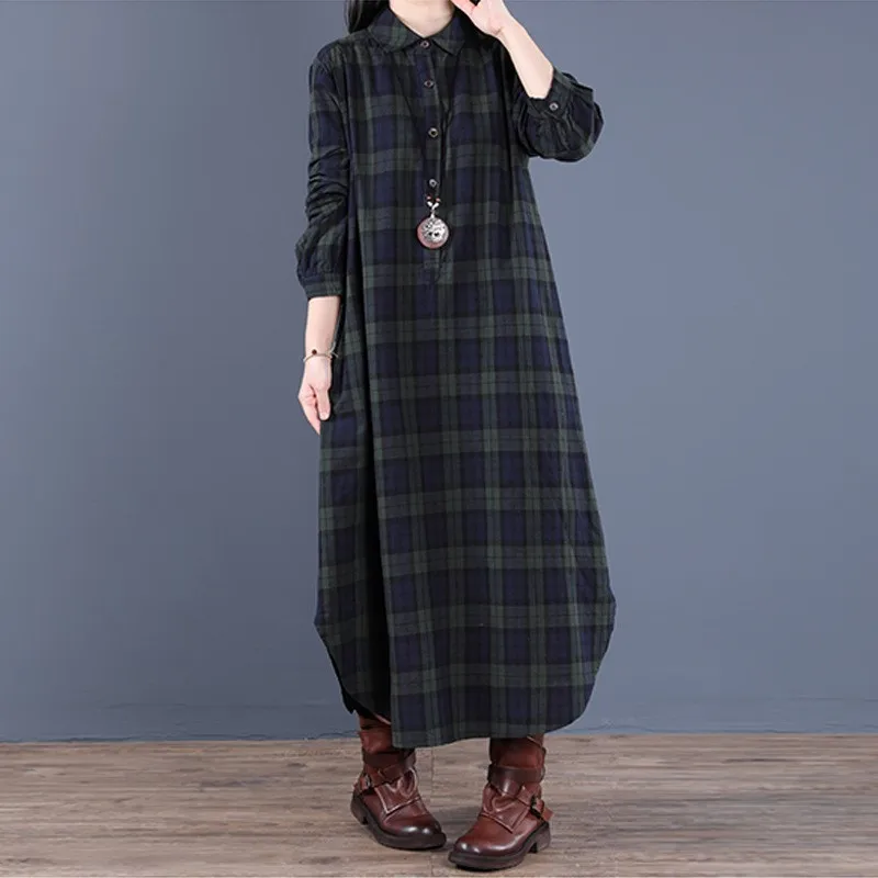 Frühling Und Herbst Neue frauen Mode Lose Spleißen Plaid Kragen Taste Langarm Kleid Medium Länge Hemd Maxi Kleider 2026