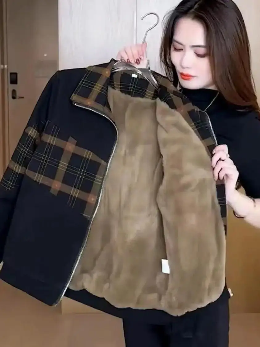 plus Size Winter Plaid Fleece Lined Casual Women's Jacket Slimming Autumn Winter Top for Middle-Aged Ladies Fashionable