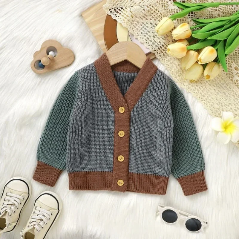 

Kids Knit Cardigan Baby Warm Sweater Color Block V - Neck Unisex Autumn Winter Toddler Outerwear 1-3Y Children Knitted Coat