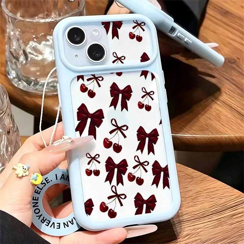 Coquette Burgundy Bow Cherry Print Phone Case, Large Window Soft TPU Shockproof Cover For iPhone