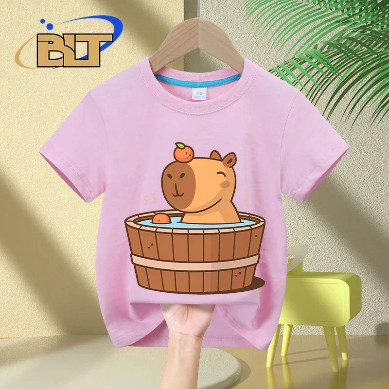 Capybara in hot tub Camisetas estampadas para niños, tops casuales de manga corta de algodón puro, regalos para niños y niñas, Verano