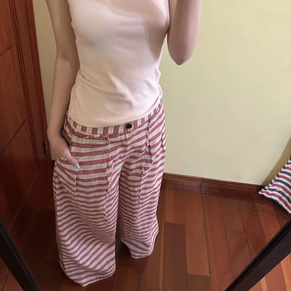 Pink Striped Splicing Low-rise Wide-leg Casual Pants Women's 2026 Summer Lazy Wind Loose Mopping Long Pants