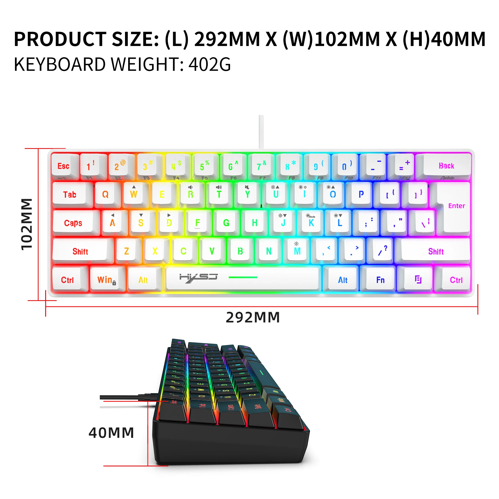 HXSJ 60% przewodowa klawiatura do gier 61 klawiszy podświetlana RGB Ultra kompaktowa ergonomiczna klawiatura membranowa dla graczy PC PS4