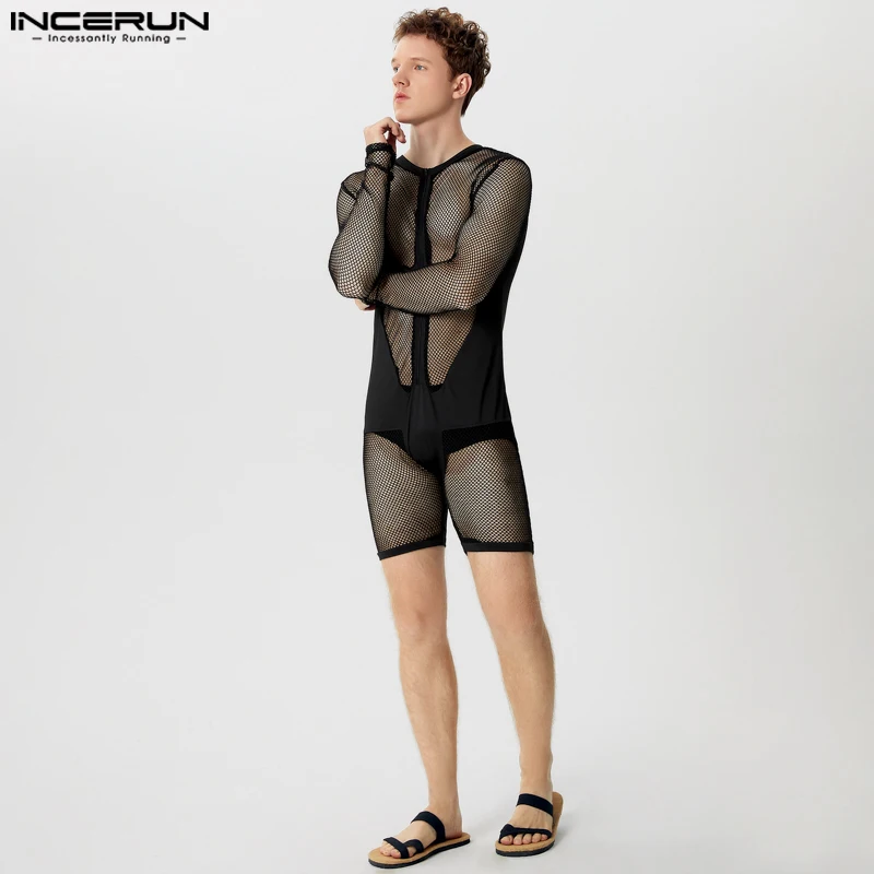 INCERUN Men Bodysuits Mesh Patchwork Transparent Sexy O-neck Long Sleeve Male Rompers 2024 Skinny Fashion Bodysuit Men S-3XL