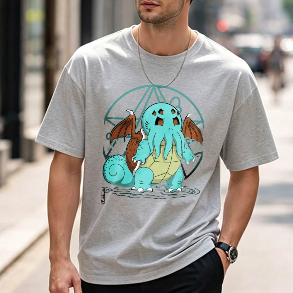 Charmander Cthulhu Mashup Pentagram Graphic Tee Men Cotton Lovecraft Horror Anime Parody Casual Streetwear Printed T Shirt Tops