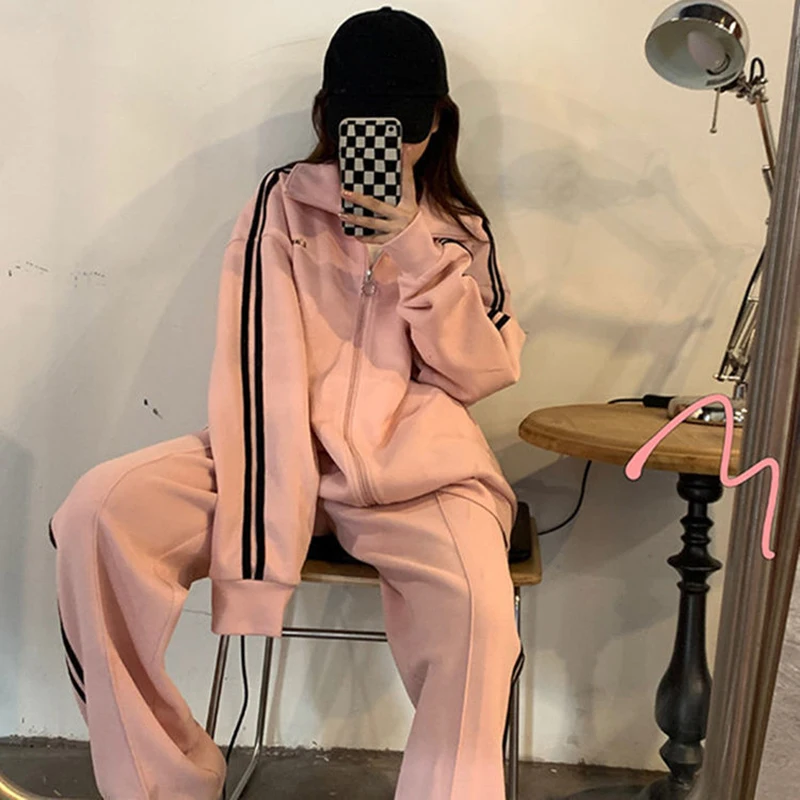 2 Pieces Suits for Women Pink Jacket Blazer Pant Famale Suit Retro Clothes Sports Sets Suit Woman Clothing  Wide Leg Pants Set