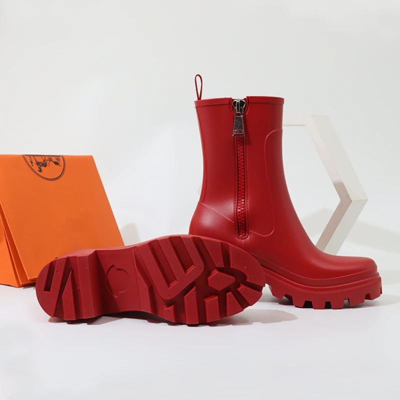 Rain Boots Shoes for Women 7.5cm Elevator Anti Slip High Tube Boots Red Women Street Fashion Increased Zipper Design Water Shoes