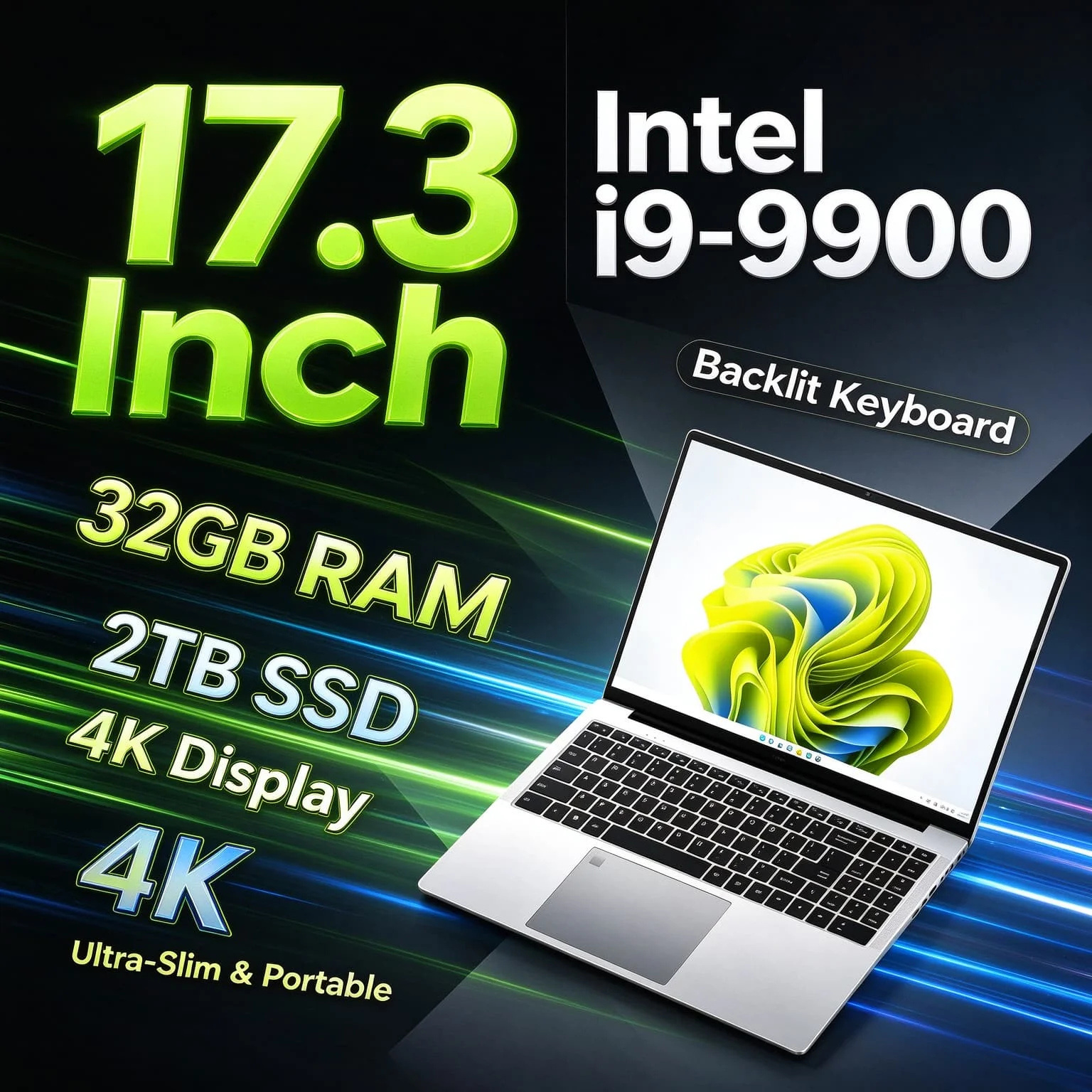 2026 17.3 Inch Intel Core i9 9900 Notebook 32GB RAM 2TB SSD Fingerprint Unlock Full HD High Performance Work Gaming Pro