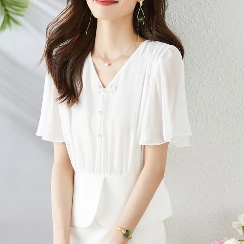 Chemisier en mousseline de soie à manches courtes et col en v, nouveau petit style parfum, chemise élégante de style chinois, haut polyvalent pour femmes, été