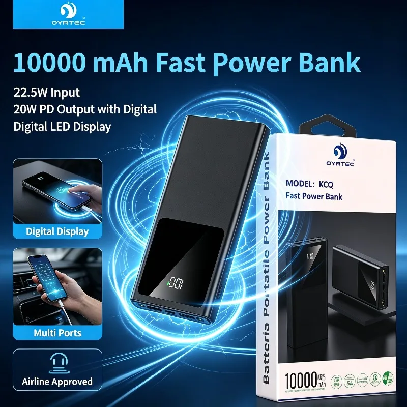OYRTEC KCQ Banco de Energía Portátil de 10000mAh, Entrada de 22.5W, Carga Rápida PD de 20W, Pantalla LED Digital, Batería Externa Metálica Delgada, Aprobado por Aerolíneas para Teléfonos y Tabletas