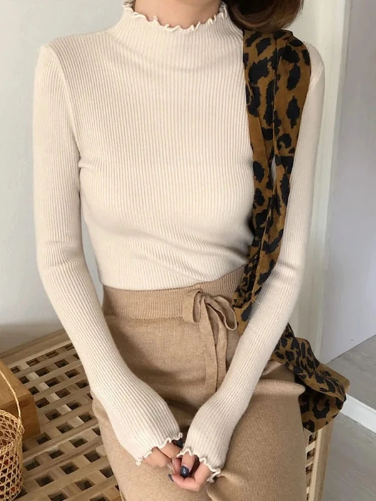 

Women Knitted Ribbed Pullover Autumn Winter Sweater Sweater Long Sleeve Turtleneck Ruffles Sweater Slim Jumper Soft Warm Tops