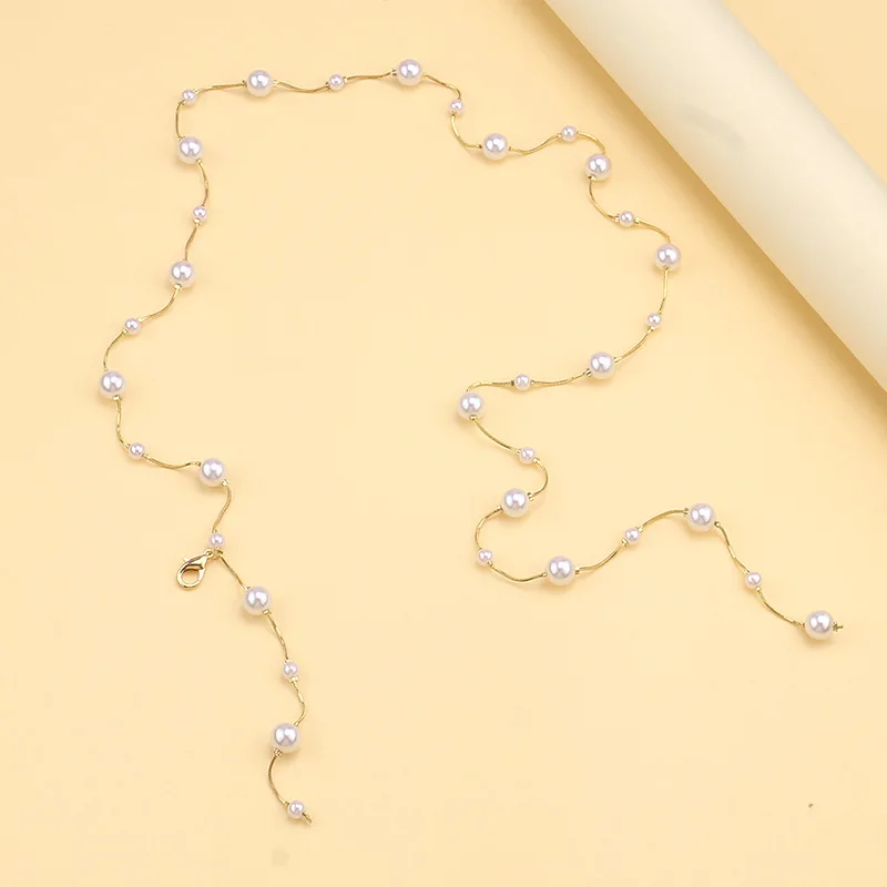 Dainty Long Tassel Pearl Waist Chain Gold Thin Wire Multi Size Round Pearl Cascading Drop Belly Belt For Knit Dress - view 4