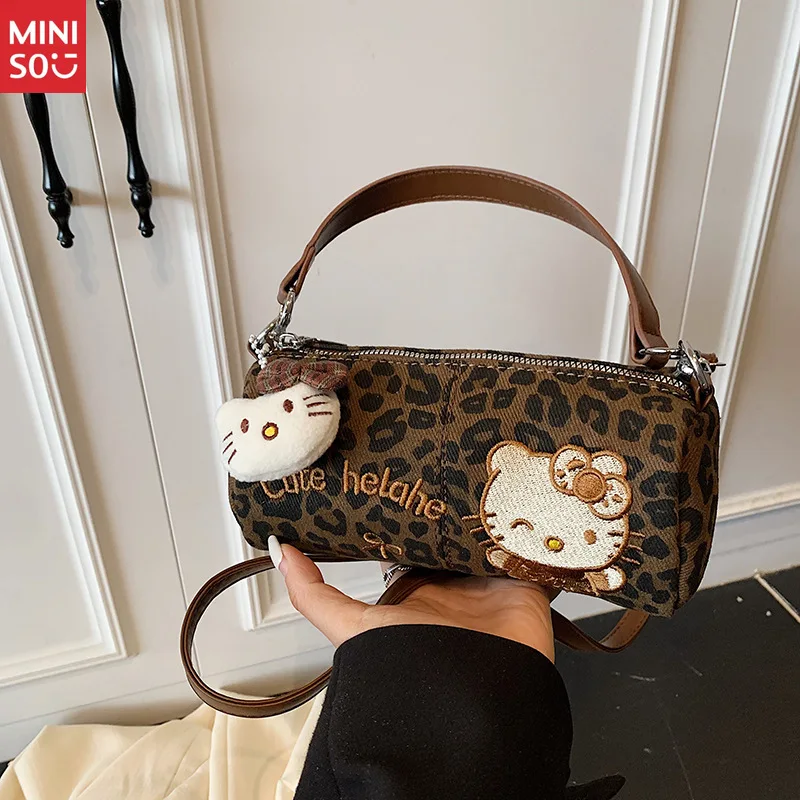 Miniso 2025 Fall Winter Hello Kitty Leopard Print Handbag, Cute Retro Crossbody Purse