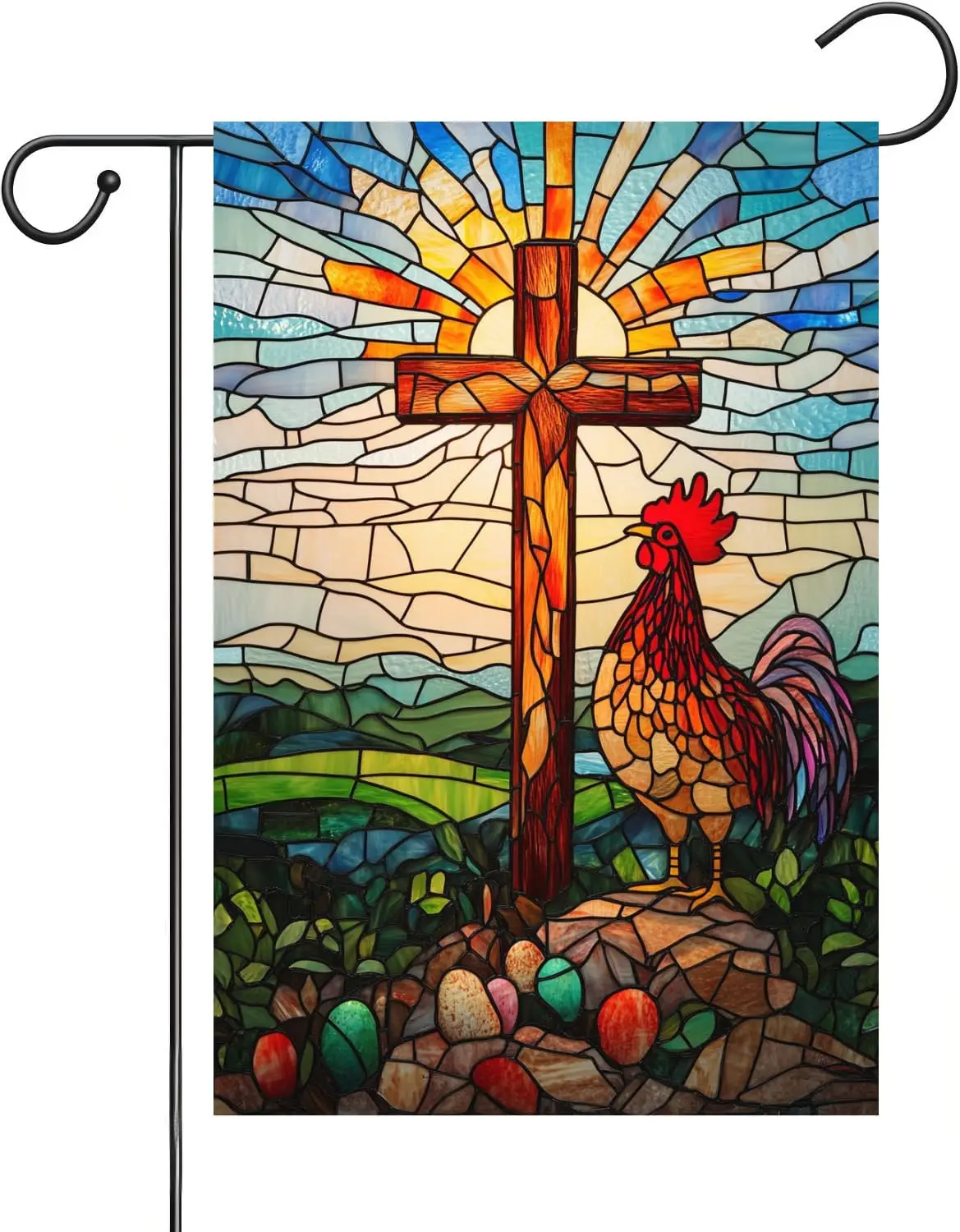 Funny Rooster Garden Flag 12x18 Inch Double Sided Easter Religious Christian Cross Garden Flag Small Burlap Banner Yard Lawn AAS