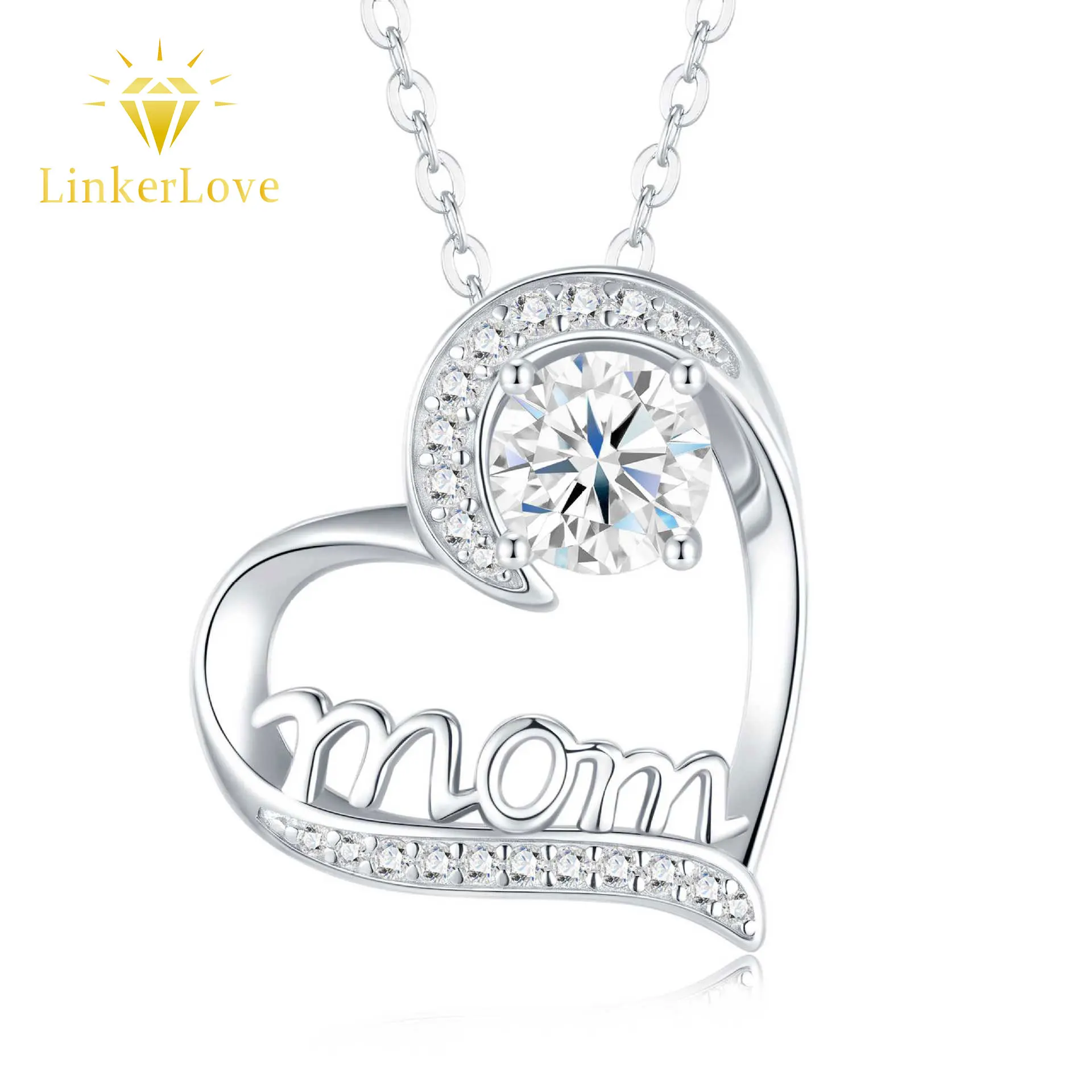 

LinkerLove S925 Silver Moissanite Mom Heart Pendant Necklace 18K White Gold Plated Diamond Necklace for Women Mothers Day Gift