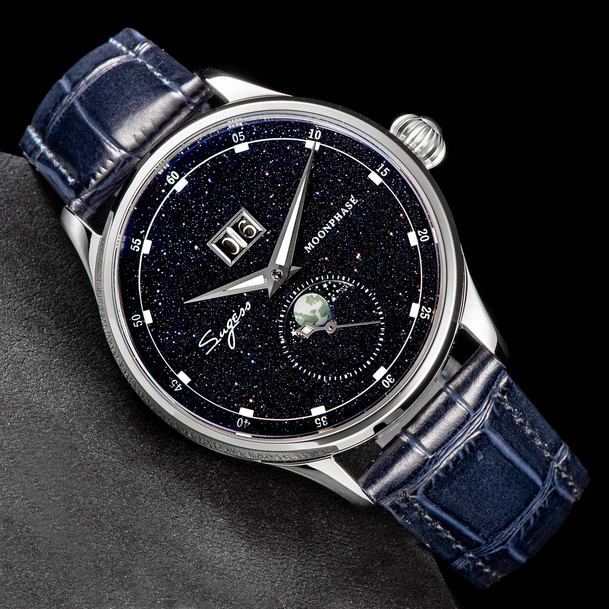 Sugess Moonphase Herrenuhr, 40 mm, automatische mechanische Armbanduhren, Origin ST2528, Uhrwerk, blaue Sandstein-Zifferblätter aus Edelstahl – Detail 11
