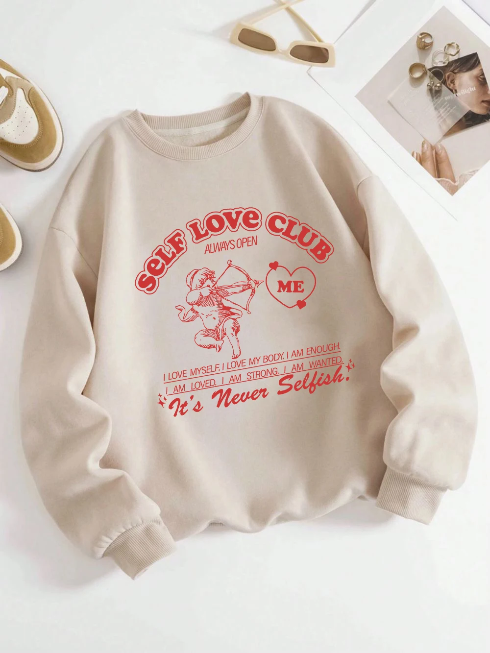 Cartoons Womans Hoodie Self Love Club Cupid Printing Sweatshirt Fleece Comfortable Crewneck Pullover Fashion Female Sportswear