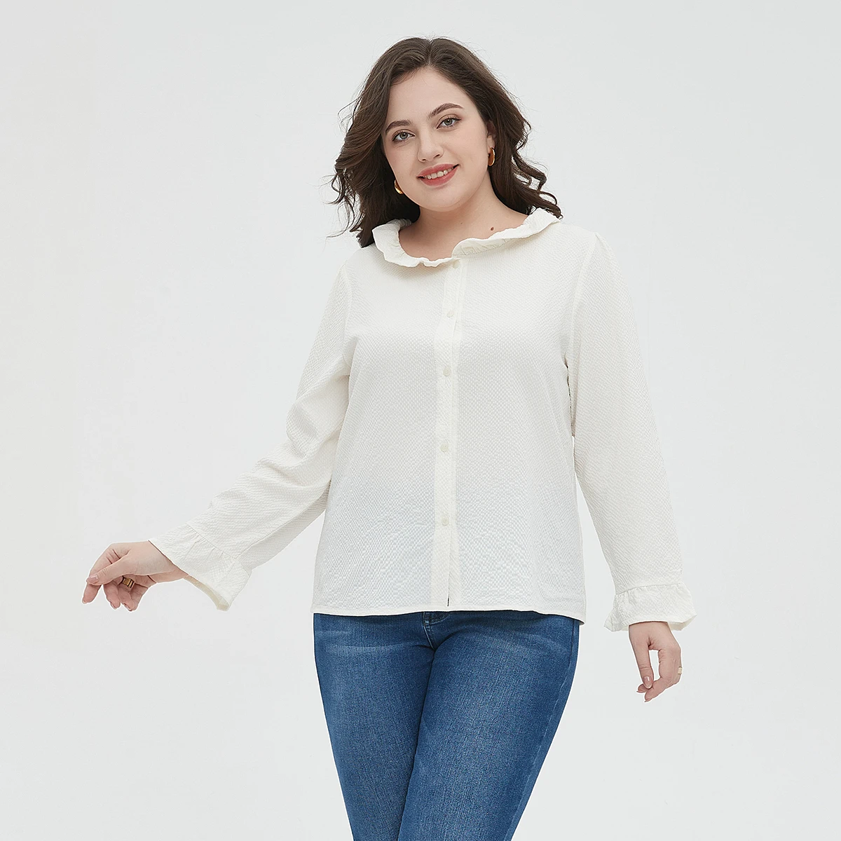 Blusa frontal feminina de botão monocromático, manga comprida, casual de colarinho, plus size, roupas femininas para primavera e outono, L048