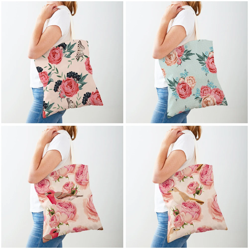 Bolsa de compras feminina de ambos os lados, desenho animado, rosa, floral, pássaro, bolsa reutilizável, planta, flor, estampa, casual, sacola de compras de lona