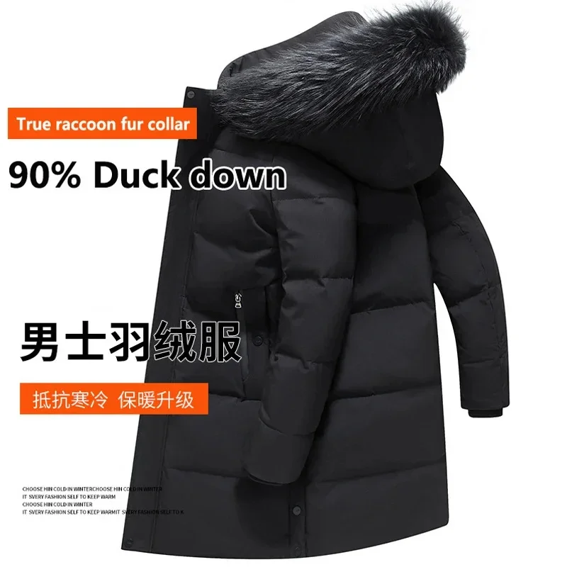 Down Jacket Man Medium Long Hooded Puffer Coat Men Fluffy Warm Parkas Winter Mens With Real Fur Collar