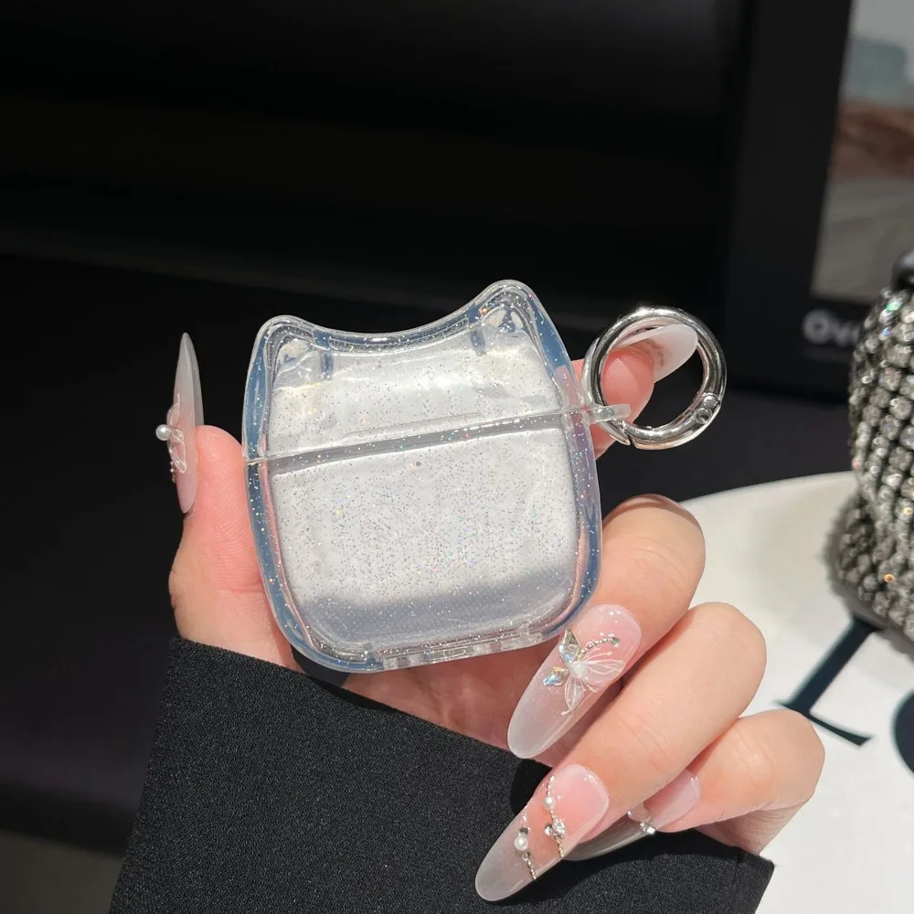 

Bling Glitter Clear Earphone Case Cute Cat with Keyring Earbuds Cover Anti-scratch Anti-Fall Charging Box Shell for Airpods 4